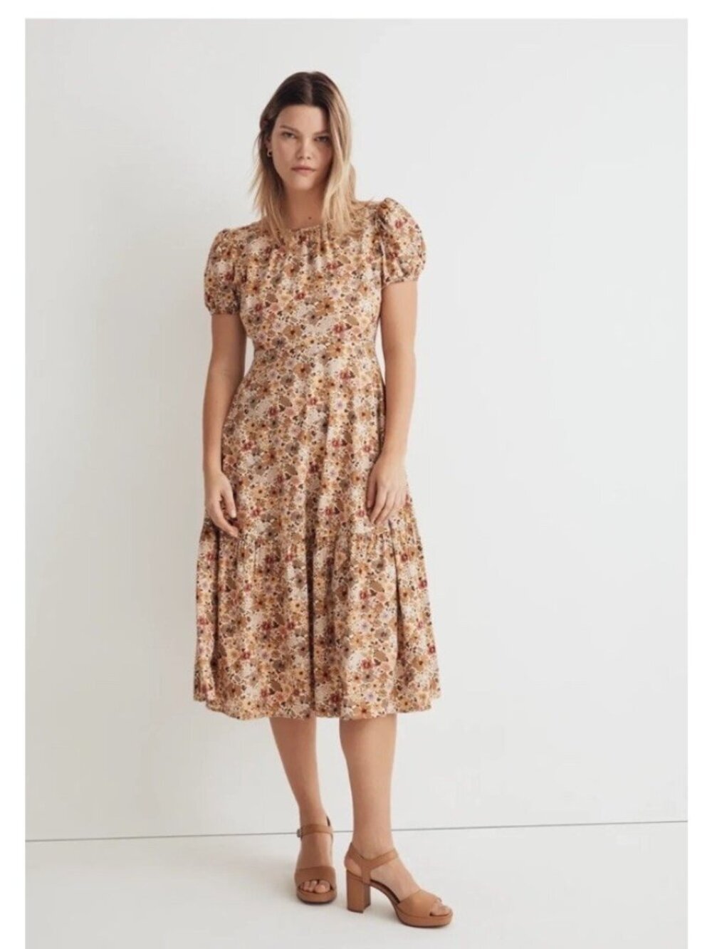 Madewell Womens Libby Puff Sleeve Open Back Midi Dress Floral Cottage 22W